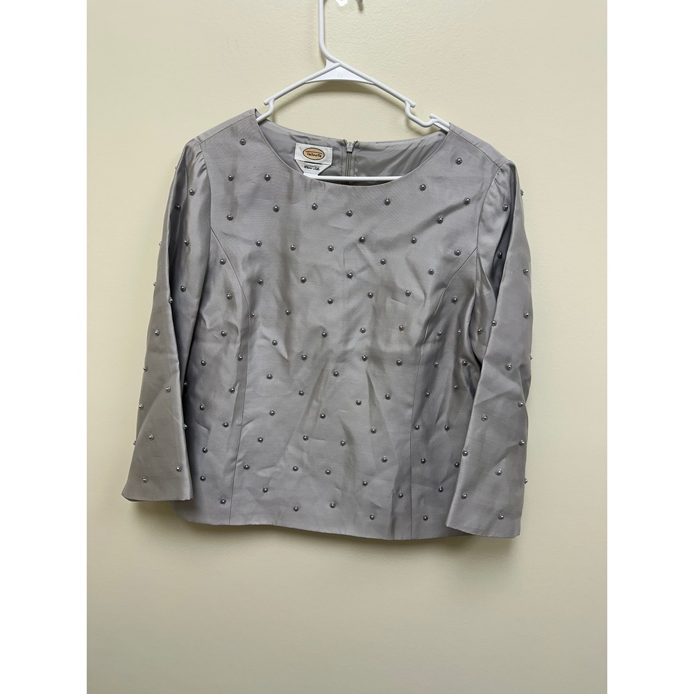Talbots Pure Silk Beaded Pearl Blouse Silver Gray 3/4 Sleeve Top Size 10
